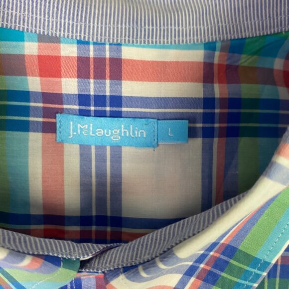 J. McLaughlin Button Down Shirt Men's Large Plaid Cotton Green White Blue Red - Picture 5 of 11